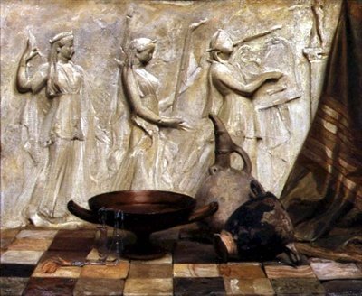 Skyphos, Kylix, džbán na víno a egyptský náhrdelník od řeckého vlysu (olej na plátně) od Arthur Hacker