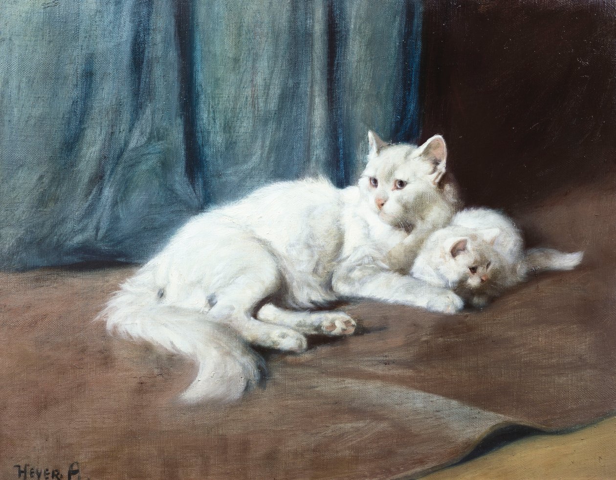 Bílá perská kočka se svými koťaty (olej na plátně) od Arthur Heyer