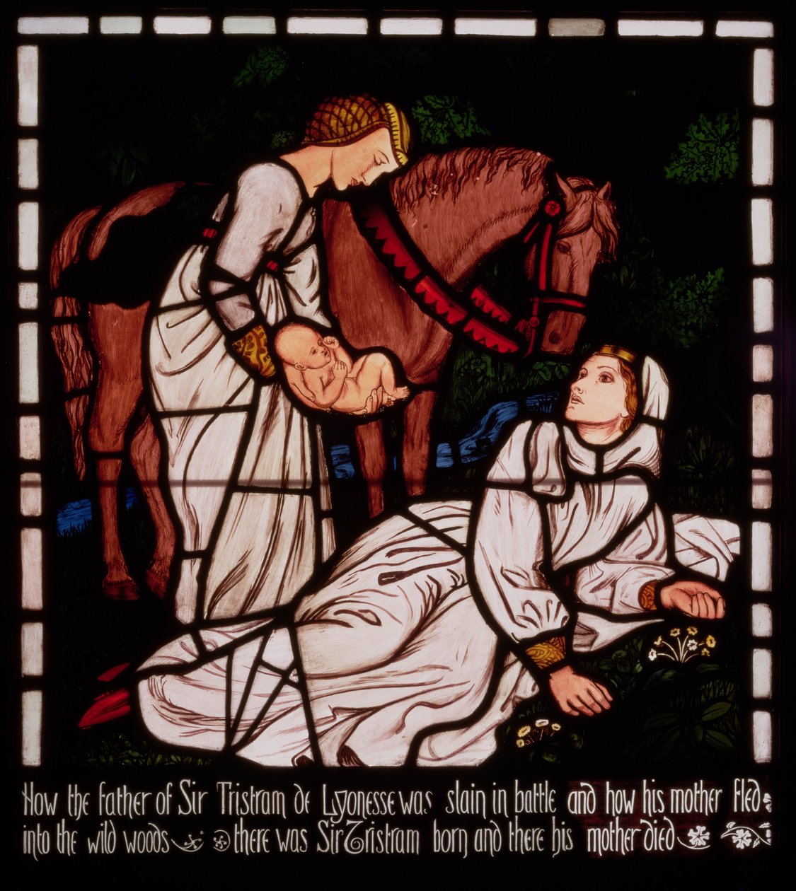 Zrození Tristana, z knihy "The Story of Tristan and Isolde", William Morris und Co. (vitráže) od Arthur Hughes