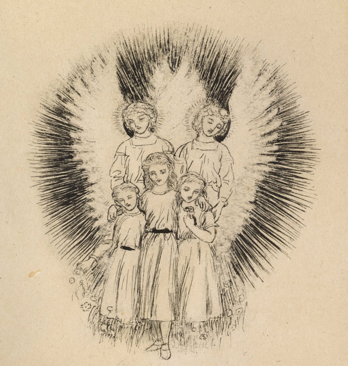 Tři malé děti na širé Zemi (pero a černý inkoust na špinavě bílém papíře) od Arthur Hughes