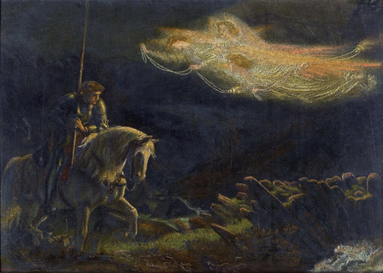 Sir Galahad. La Quete du Saint Graal Sir Galahad. Hledání svatého grálu par Arthur Hughes (1832-1915) - Olej na dřevě, 30,5x43 - soukromá sbírka od Arthur Hugues