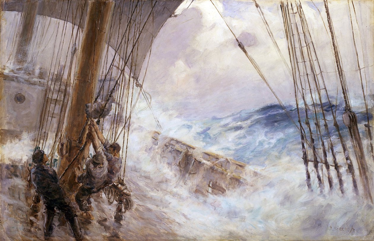 Manévry pro spuštění plachty z hlavního stěžně v bouři. Olej na plátně od Arthur John Briscoe