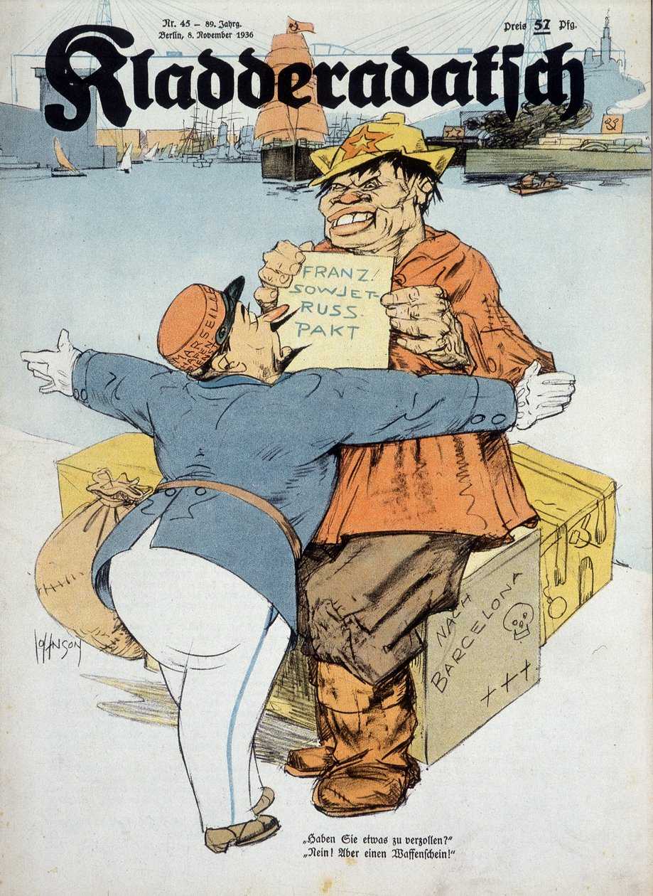 Německá karikatura k francouzsko-sovětským dohodám (francouzský celník a ruský námořník:" Máte něco k proclení Ne! Jen zbraně!" (Kontext španělské války), "Kladderadatsch" 8. 11. 1936, il. Arthur Johnson (1874-1954). od Arthur Johnson