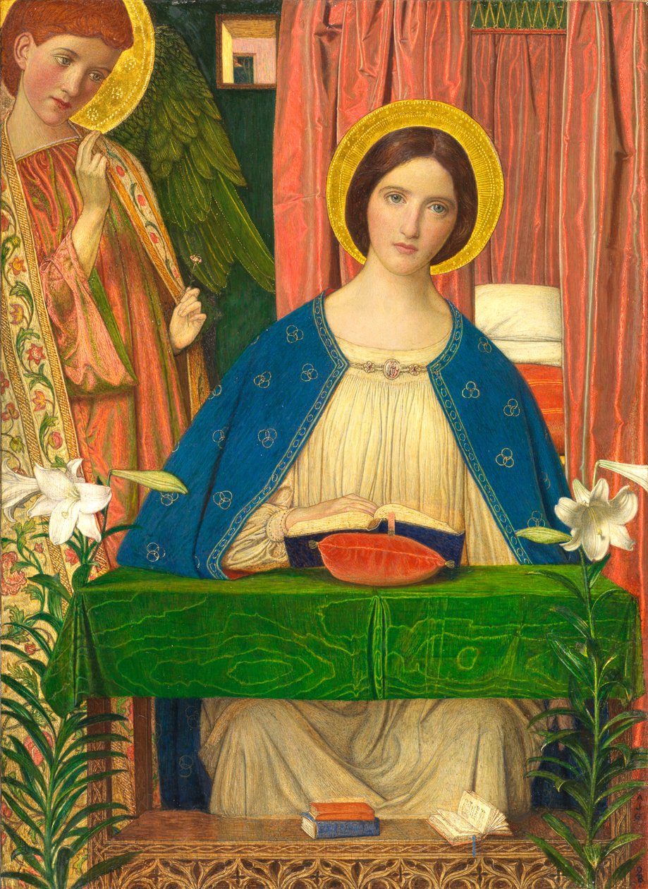 Zvěstování (tempera se zlatým listem na vyvýšeném nástrojovém gessu na dřevěné desce) od Arthur Joseph Gaskin