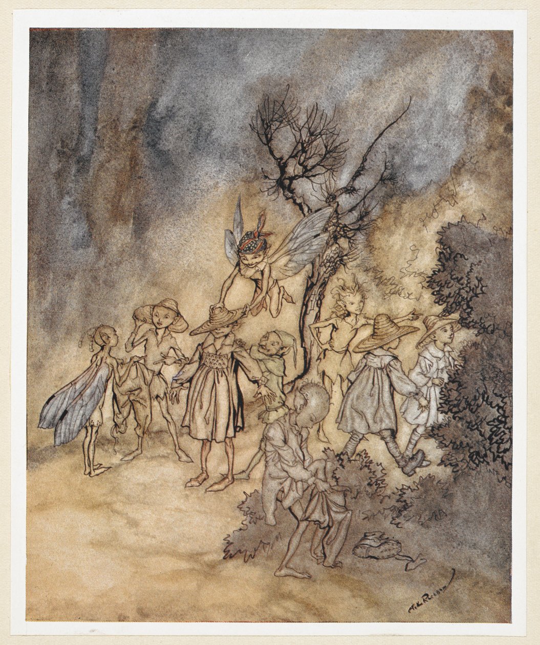 ACT IV: Scéna I, řádek 138 Vstupte do určitých Reaperů, řádně obydlených. Juno a Ceres posílají Iris, aby přinesla nějaké nymfy a ženci, aby předvedla country tanec. od Arthur Rackham