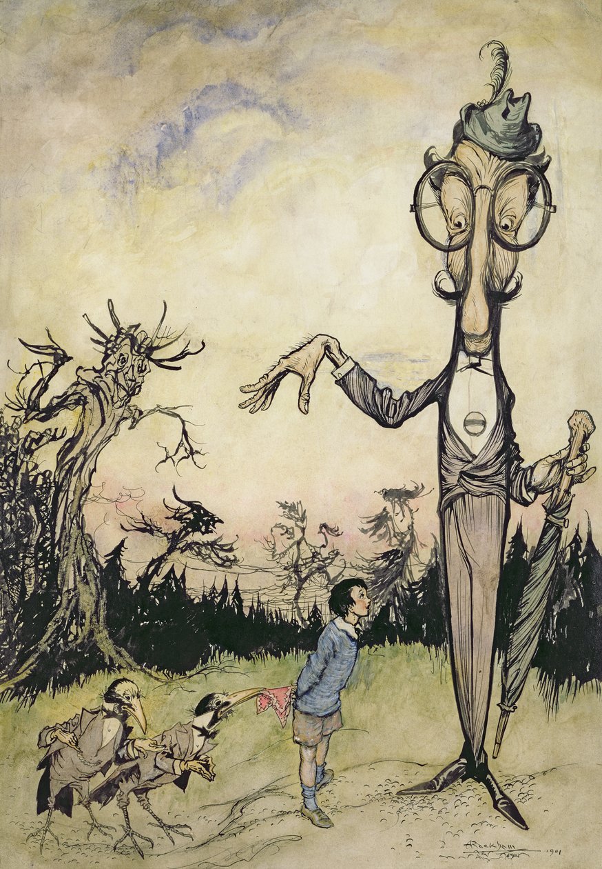 Obr s dítětem a dvěma vránami, ilustrace z Knihy Betty Barberové od Maggie Brownové, pub. 1910 (pero a inkoust, později kolorováno Harrym Rountreem, 1878-1950) (také ilustrace ke Knize o od Arthur Rackham