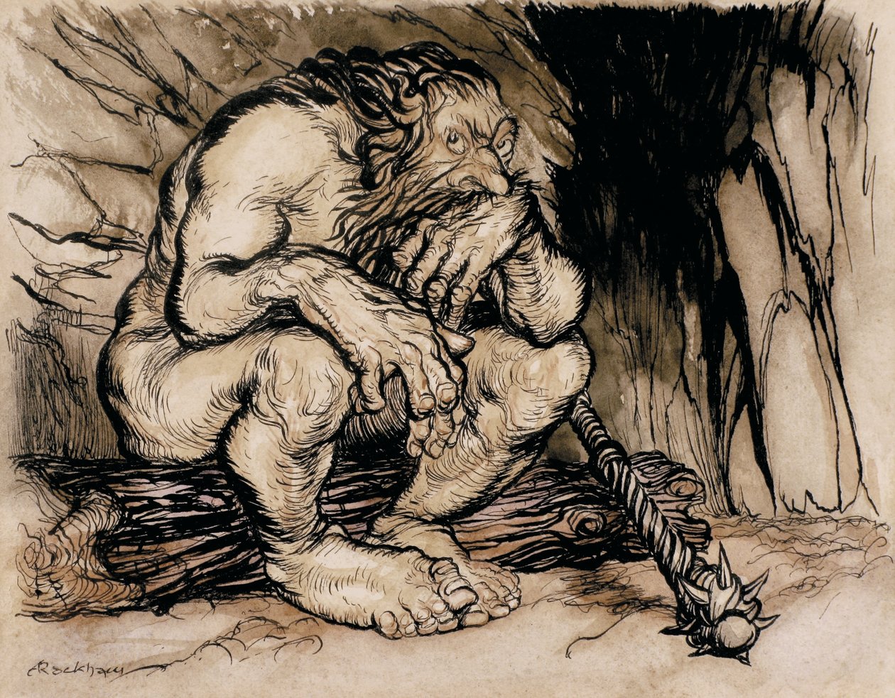 A Most Terrific Giant, ilustrace z anglických pohádek, vydaná v roce 1918 (pero a inkoust a wc na papíře) od Arthur Rackham