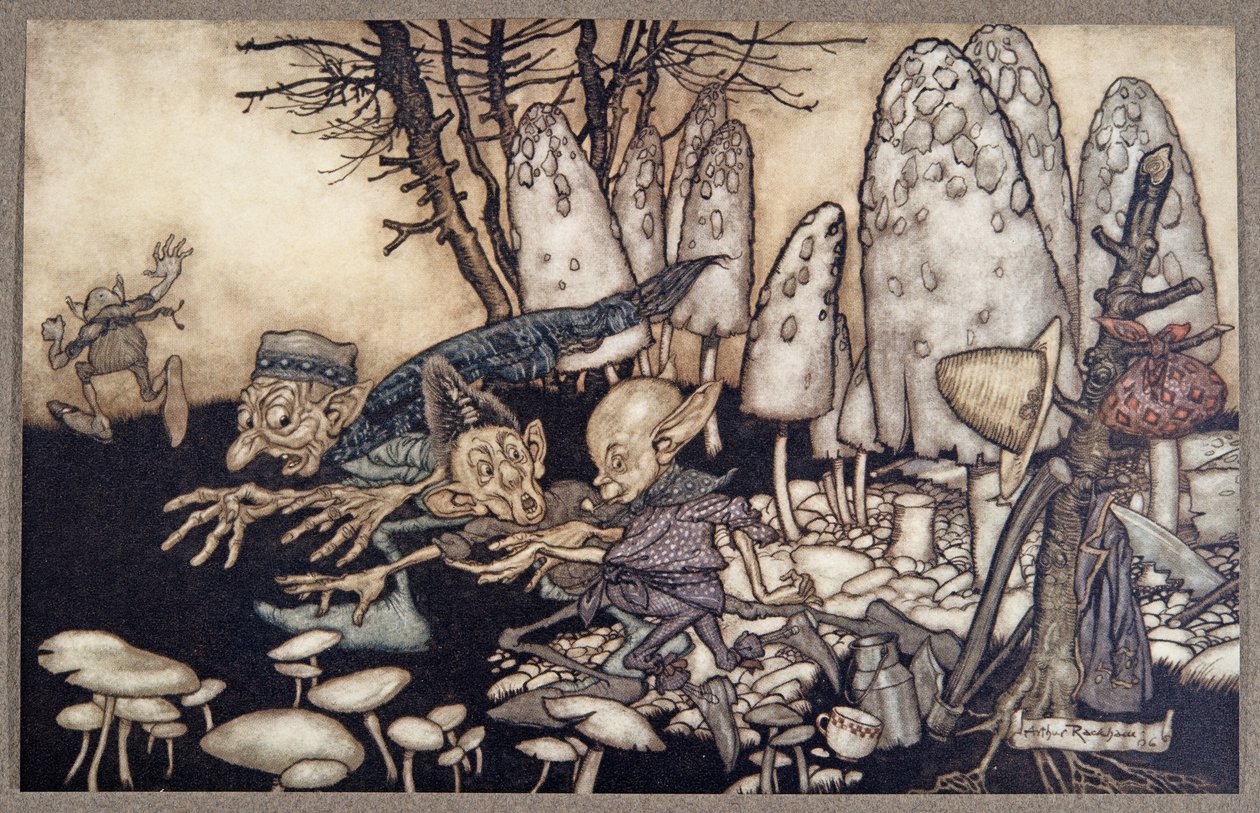 Skupina dělníků, kteří pili muchomůrku, spěchala pryč a nechala své nástroje za sebou, od Petera Pana v Kensington Gardens od J. M. Barrieho (1860 - 1937), hospoda. 1906 od Arthur Rackham