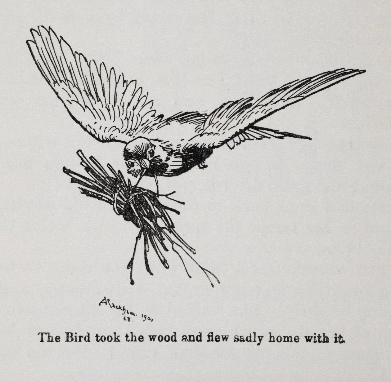 Pták nesoucí svazek větviček. od Arthur Rackham
