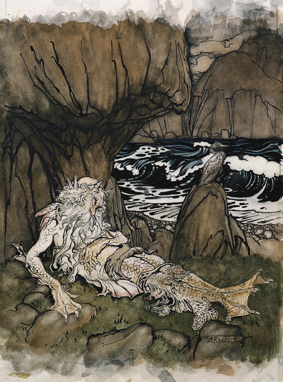 Korunovaný „mořan“, mořský bůh spící na skalnatém pobřeží od Arthur Rackham
