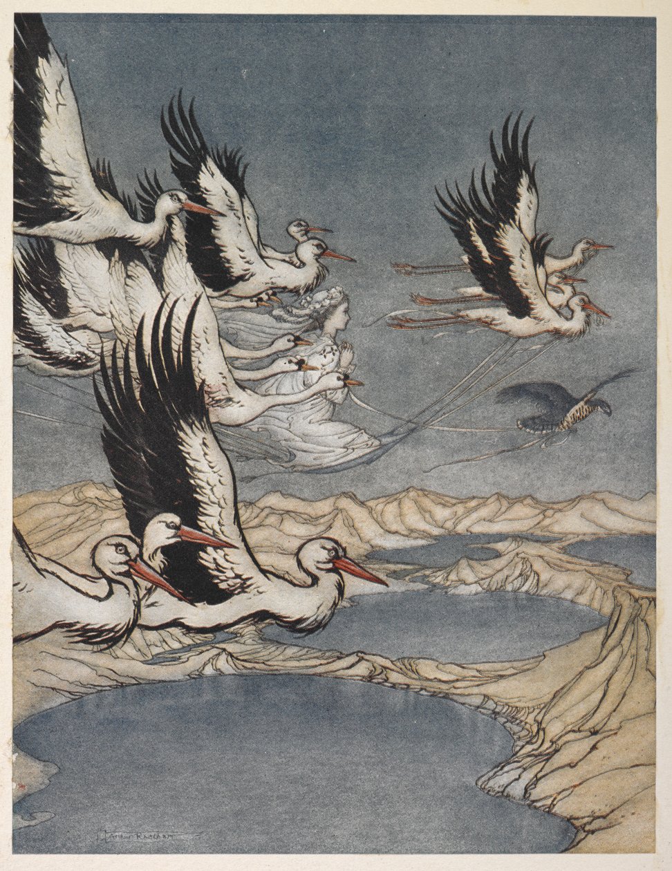 Hejno ptáků odnášející dceru Earla Mara v předvečer její svatby od Arthur Rackham