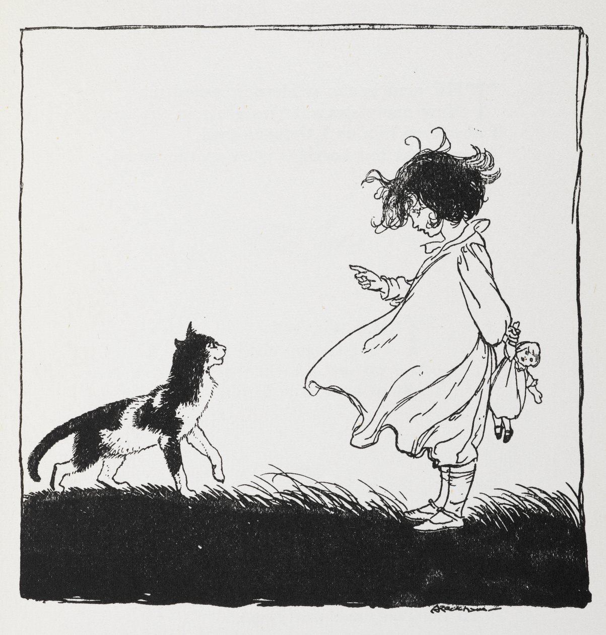 Dívka s panenkou říká své kočce. od Arthur Rackham