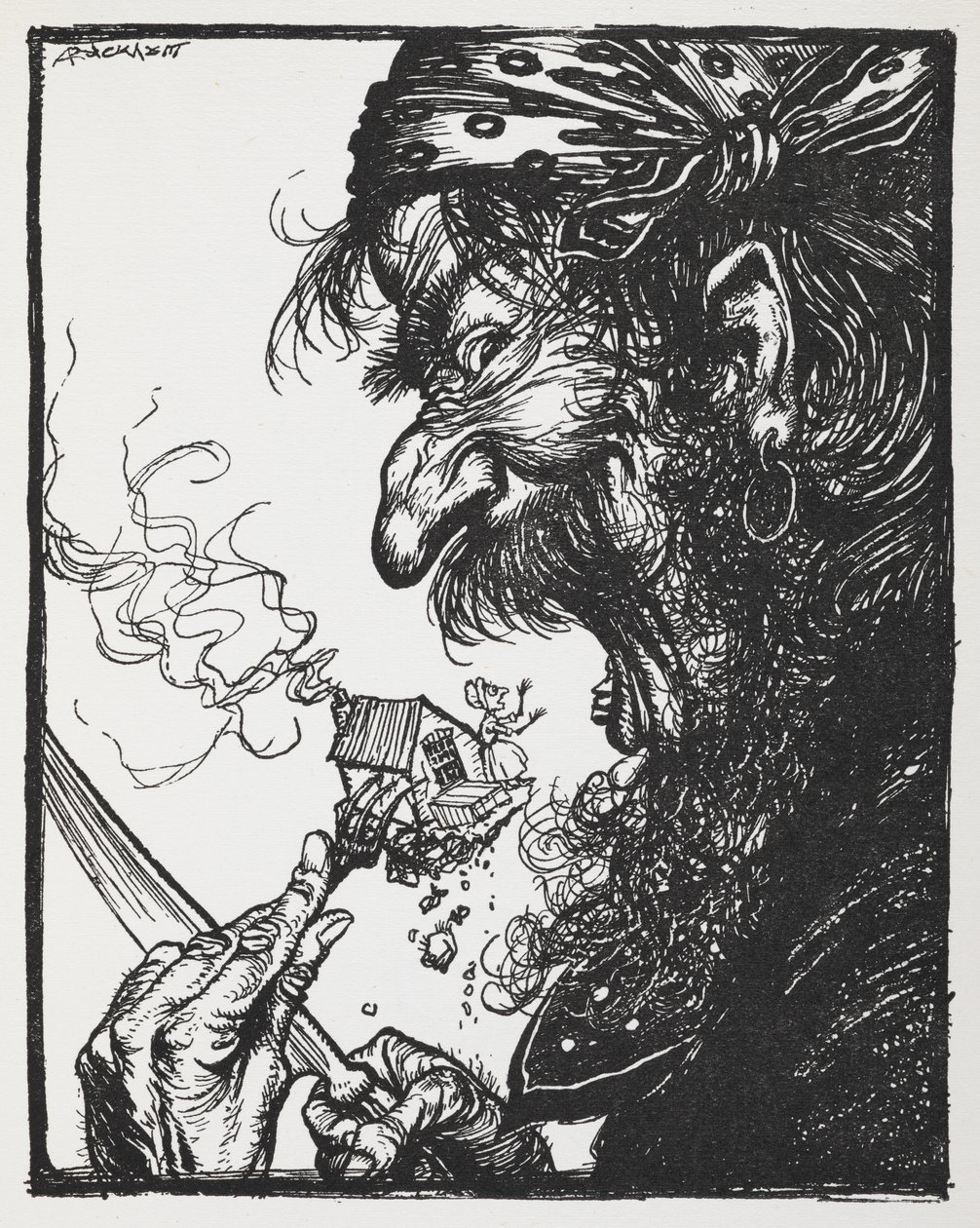 Velký muž jí malou dámu a její dům. od Arthur Rackham