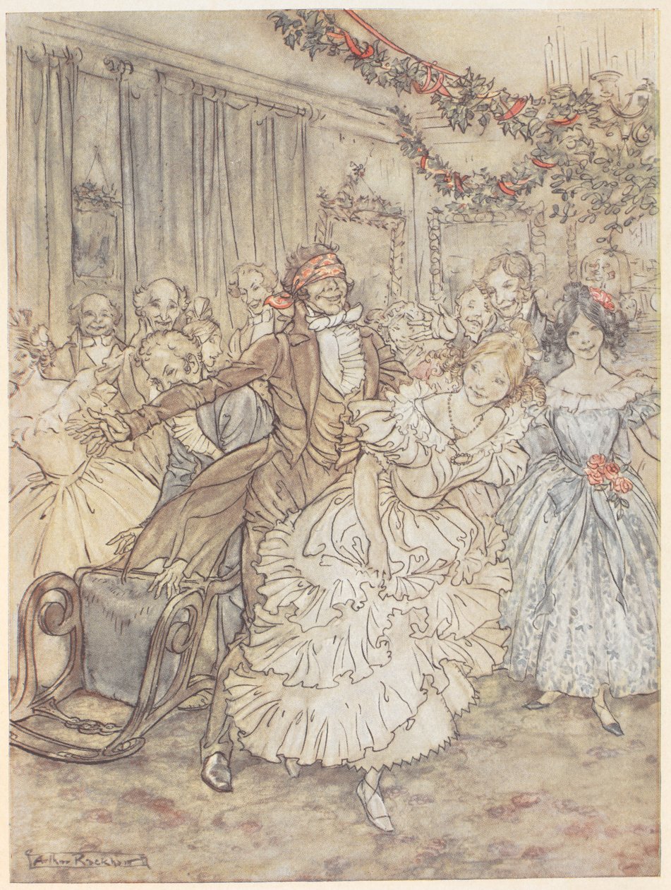 Strana hrající slepý blaf. Muž se zavázanýma očima pronásleduje ženu v nabíraných šatech od Arthur Rackham