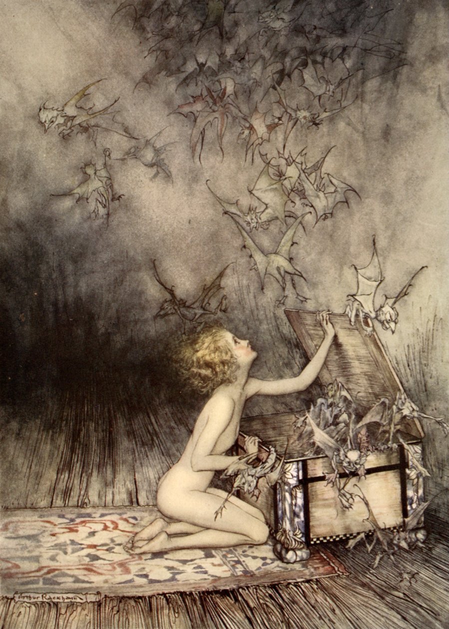 Kolem ní prolétl náhlý roj okřídlených tvorů, ilustrace z „Zázračné knihy pro dívky a chlapce“ od Nathaniela Hawthorna od Arthur Rackham