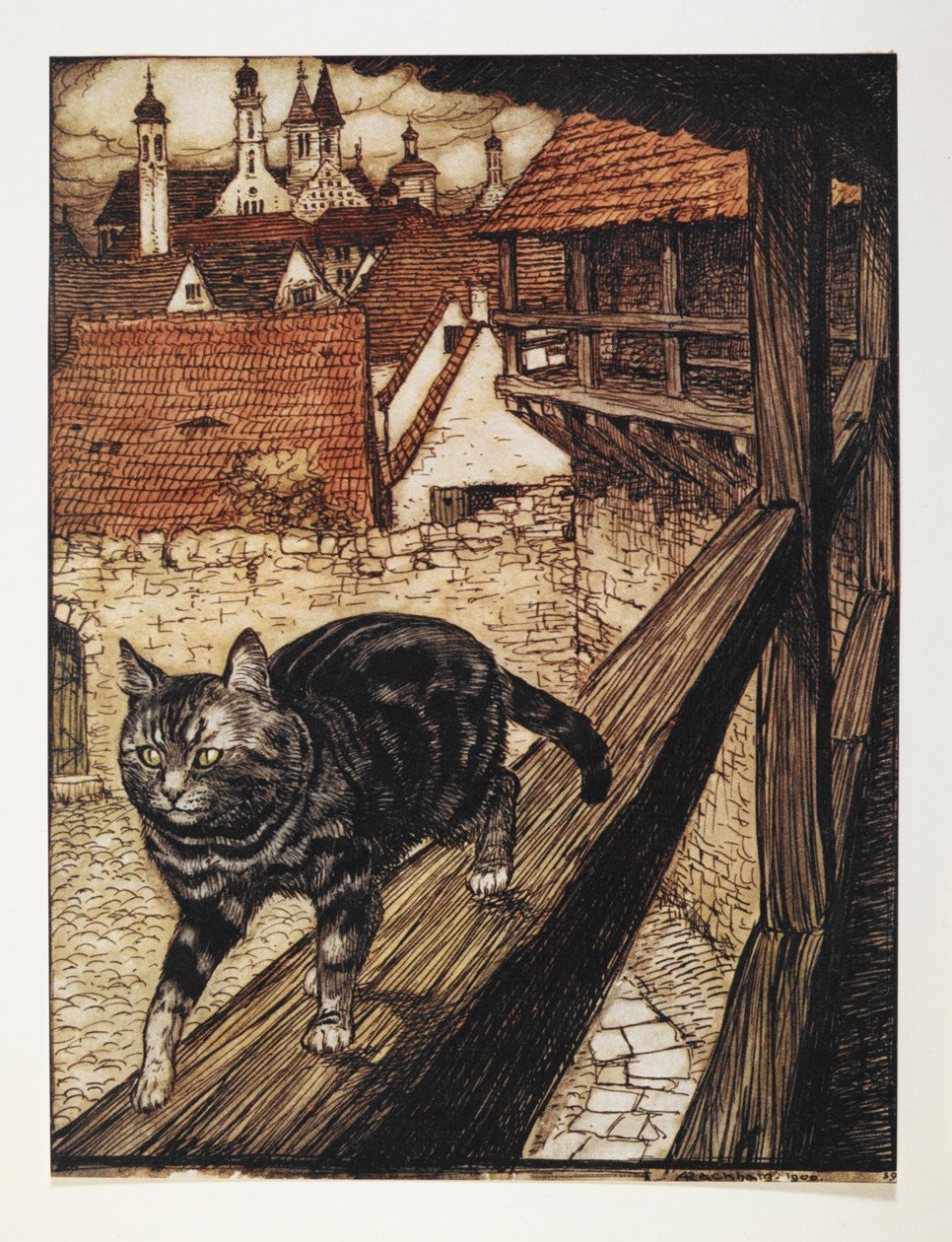 Mourovatá kočka kráčející po dřevěné zábradlí budovy. od Arthur Rackham