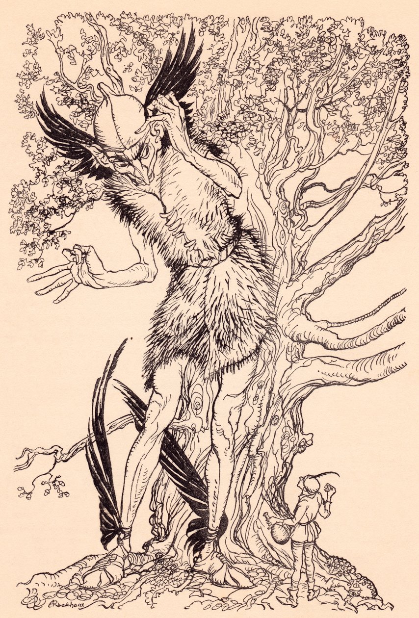 Strašný chlapík poloviční jako strom, u kterého stál. Ilustrace Arthura Rackhama z Grimmovy pohádky Duch ve skleněné láhvi. od Arthur Rackham