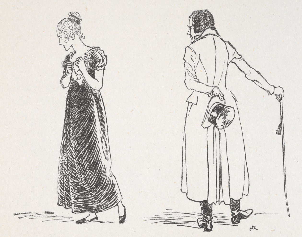 Mladý pár se hádal, žena se odvrátila a svírala si na hrudi kapesník od Arthur Rackham