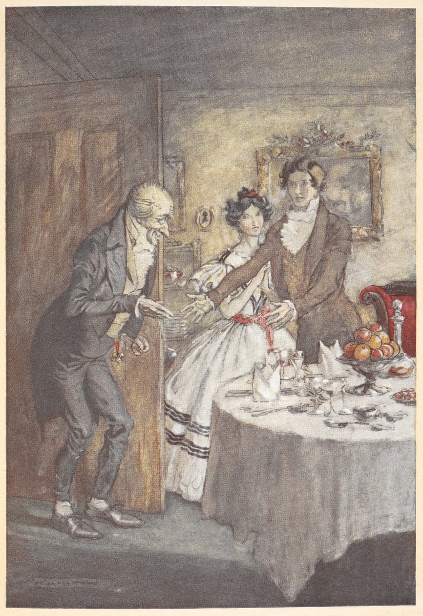 Mladý muž a žena vítají Scrooge na jídlo v jejich jídelně od Arthur Rackham