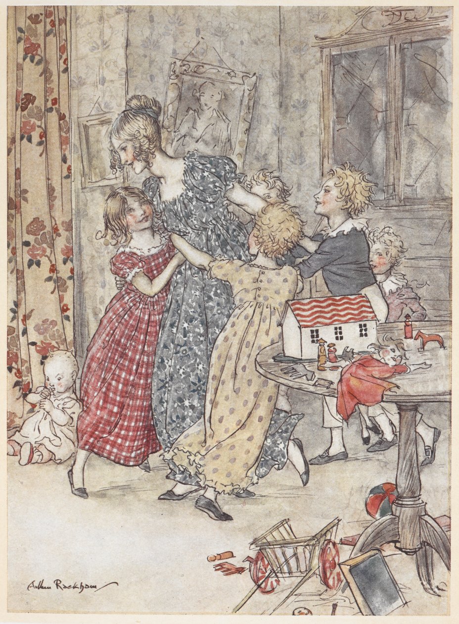 Mladá žena a děti tančí kolem herny plné hraček od Arthur Rackham