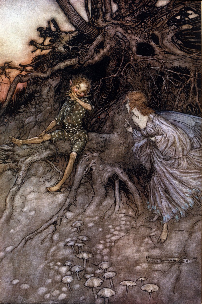 2. dějství, scéna I Puk & víla; Puck přiznává, že je "" tím veselým tulákem noci." Ilustrace Arthur RACKHAM (1867-1939) pro Sen letní noci od Williama SHAKESPEARE od Arthur Rackham