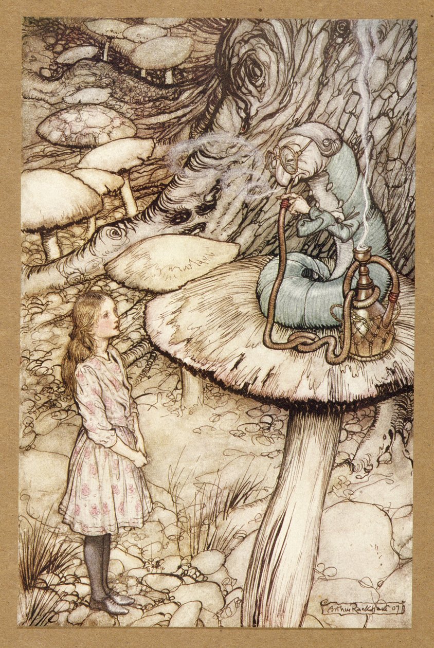 Rada od housenky, z Alenčina dobrodružství v říši divů, Lewis Carroll, pub. 1907 od Arthur Rackham