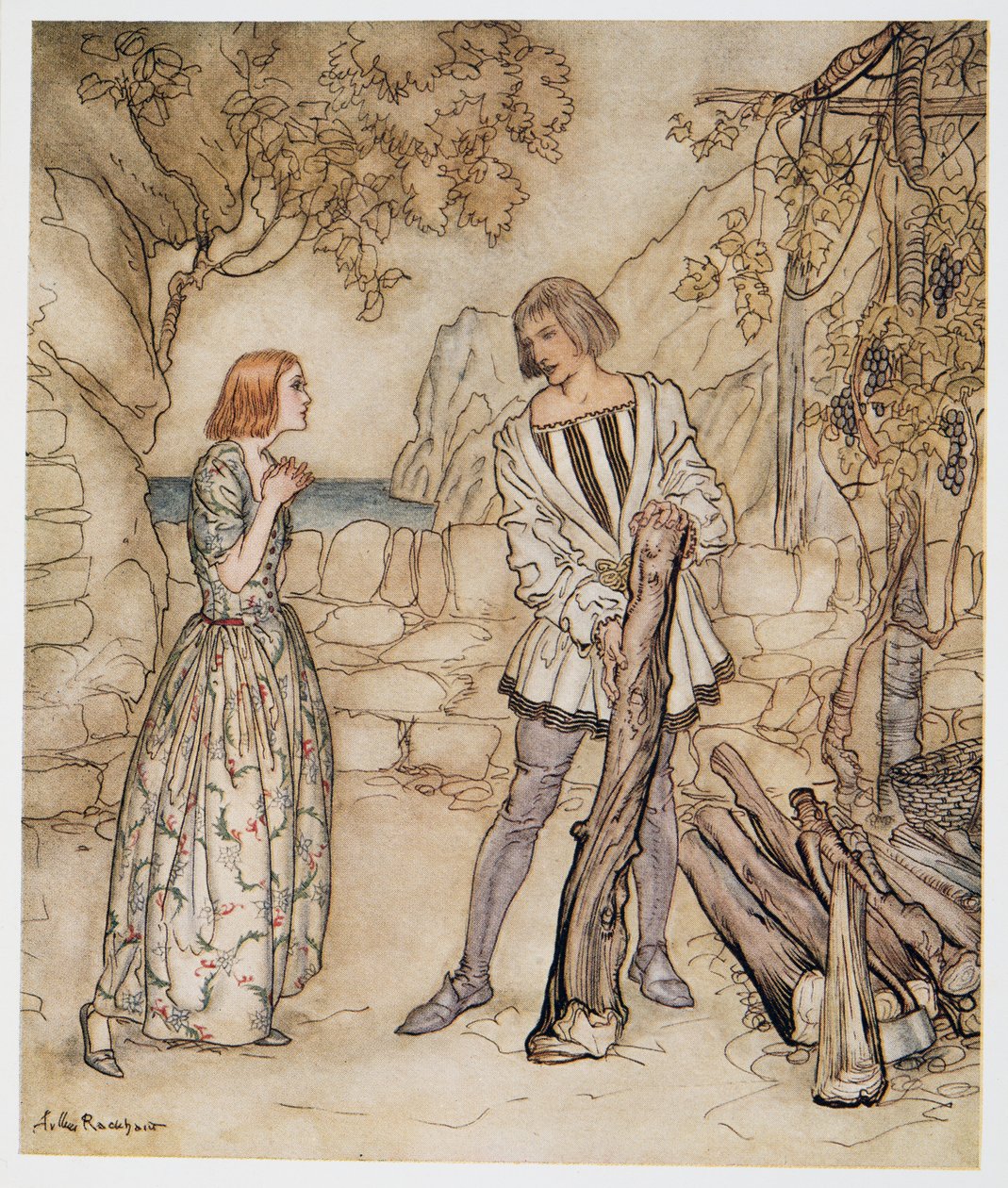 Běda, prosím, nepracujte tak tvrdě, ilustrace z Bouře Williama Shakespeara, hospoda. 1926 od Arthur Rackham