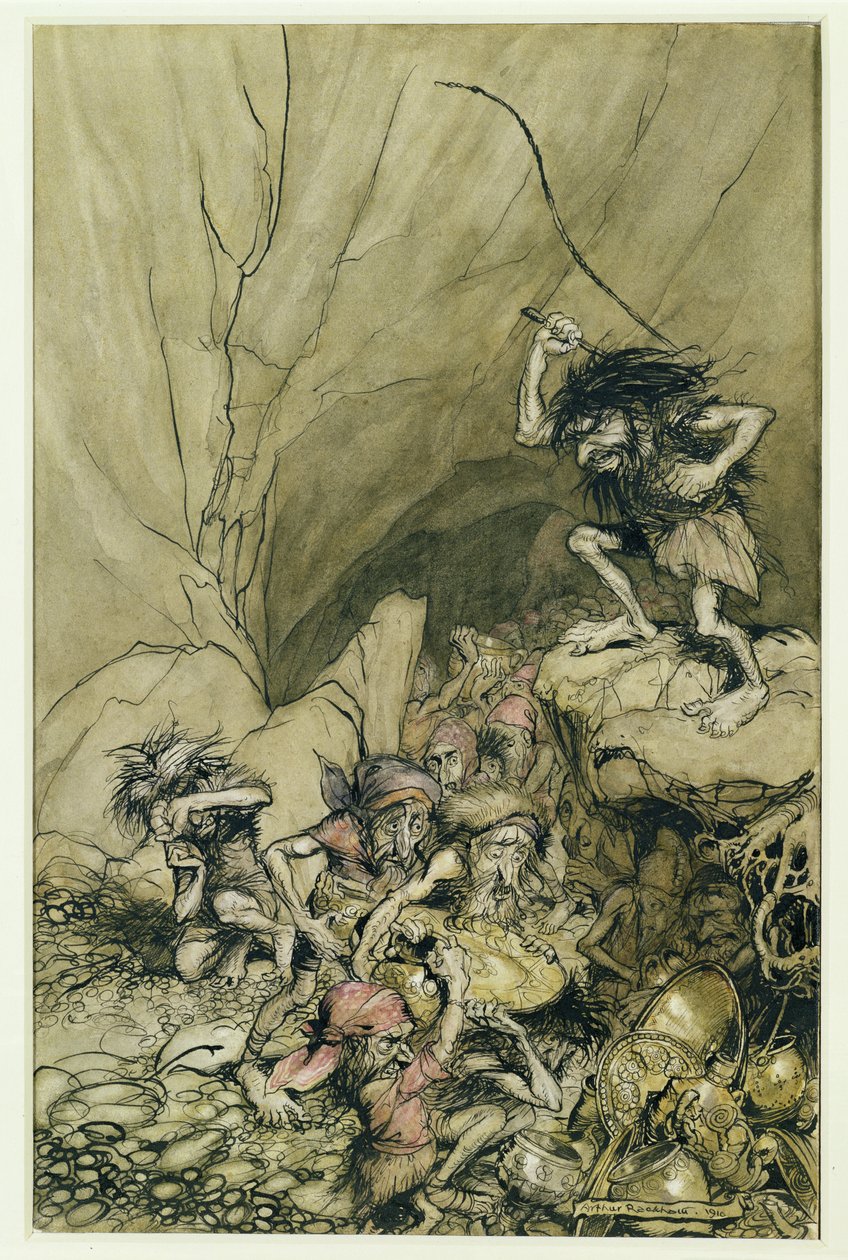 Alberich jede v tlupě Nibelungů obtěžkaných zlatým a stříbrným pokladem, ilustrací z hospody The Rheingold and the Valkyrie od Richarda Wagnera (1813-83). 1910 (pero a inkoust, wc) od Arthur Rackham
