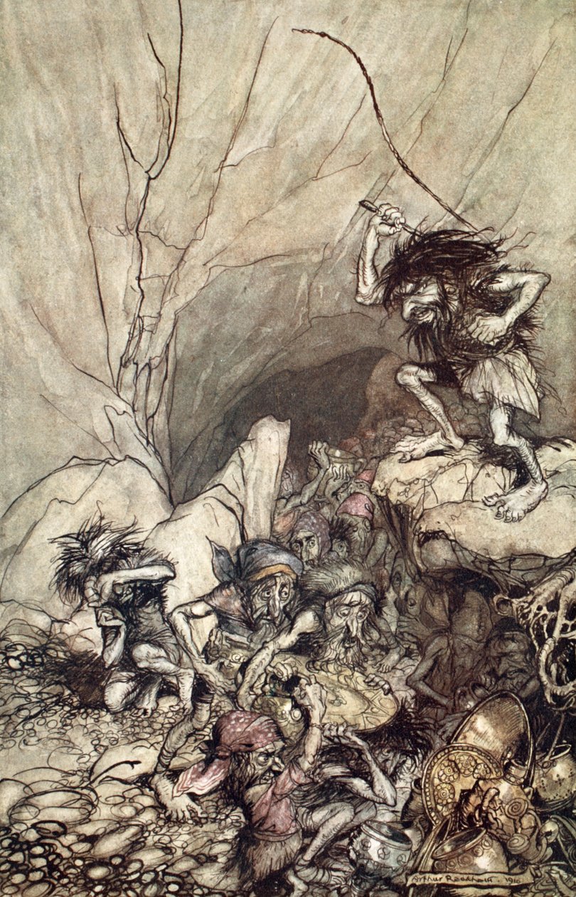 „Alberich jede v tlupě Nibelungů se zlatými a stříbrnými poklady“, 1910. od Arthur Rackham