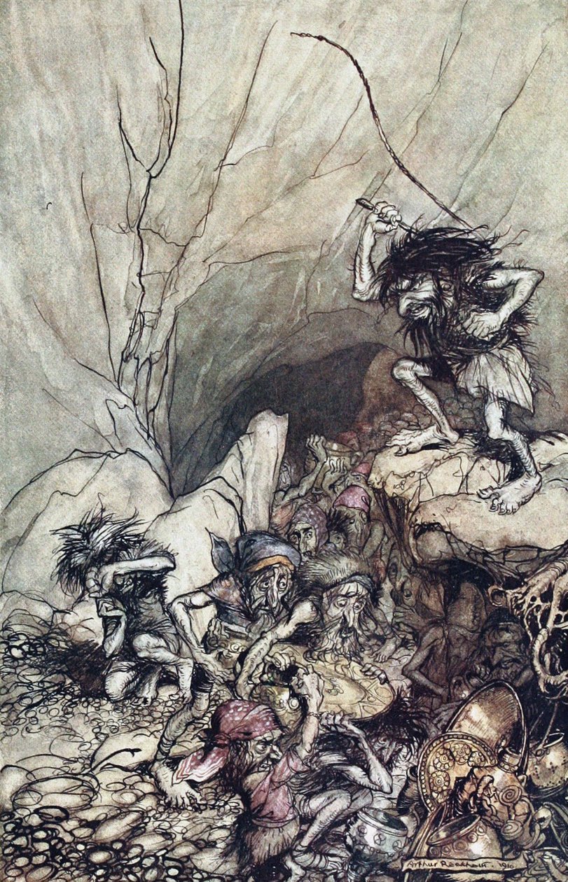 Alberich jede ve skupině Niblungů obtěžkaných zlatým a stříbrným pokladem. Ilustrace pro The Rhi od Arthur Rackham