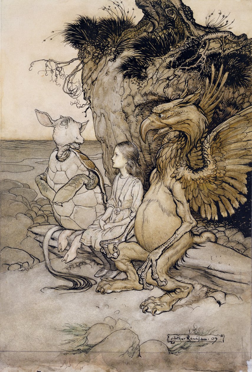 Alice and the Mock Turtle, ilustrace z Alices Adventures in Wonderland, 1907 (pero a inkoust & wc na papíře) od Arthur Rackham