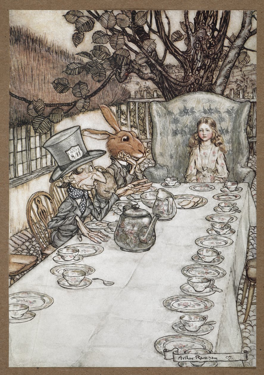 Alice na čajové párty šíleného kloboučníka s březnovým zajícem, plchem a šíleným kloboučníkem od Arthur Rackham
