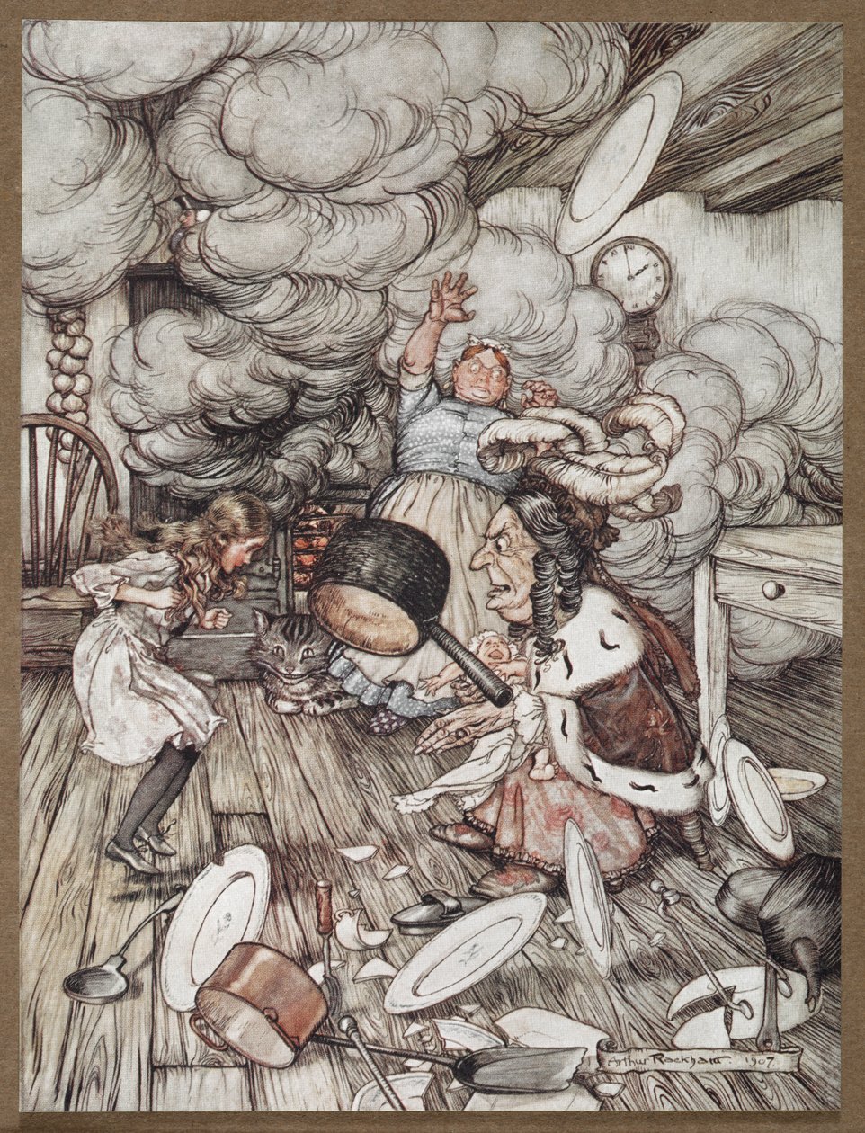 Alice v kuchyni s vévodkyní, kuchařem a kočkou Cheshire od Arthur Rackham