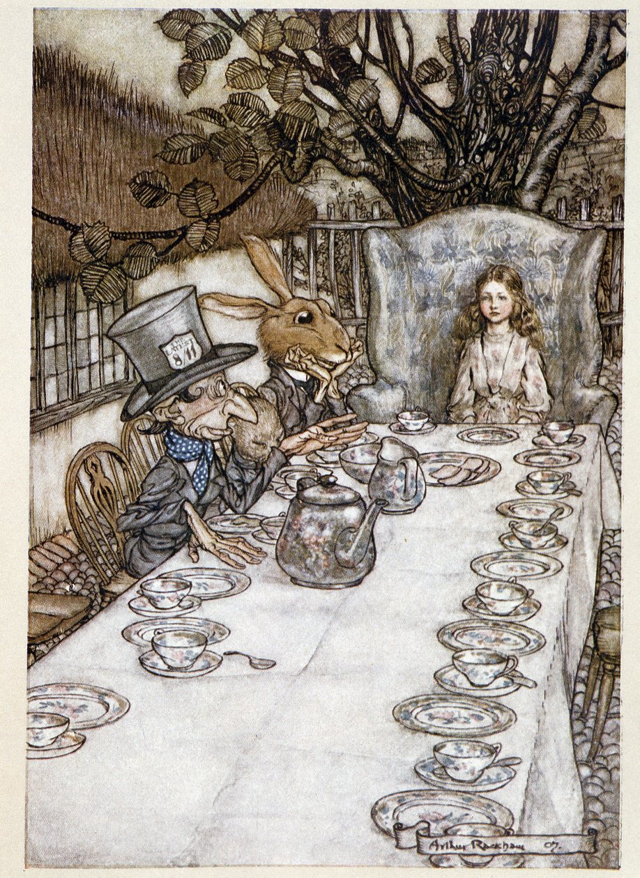 Alice bere "" v bláznech""" (Kloboučník a Mars Lievre) - v ""Dobrodružství Alenky v říši divů"", Lewis Carroll, nemocný. od Arthura Rackhama (1867-1939) od Arthur Rackham