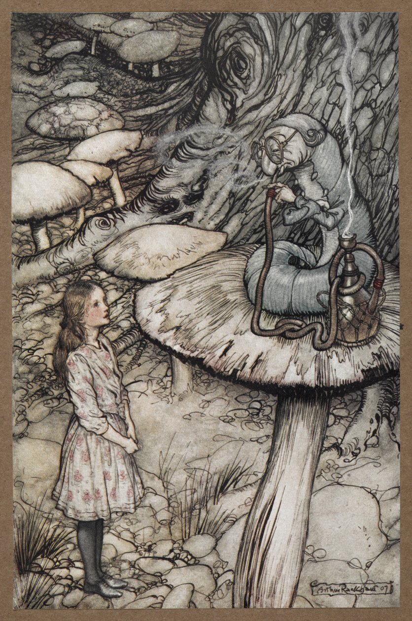 Alice mluví s housenkou, která sedí na houbě a kouří dýmku od Arthur Rackham