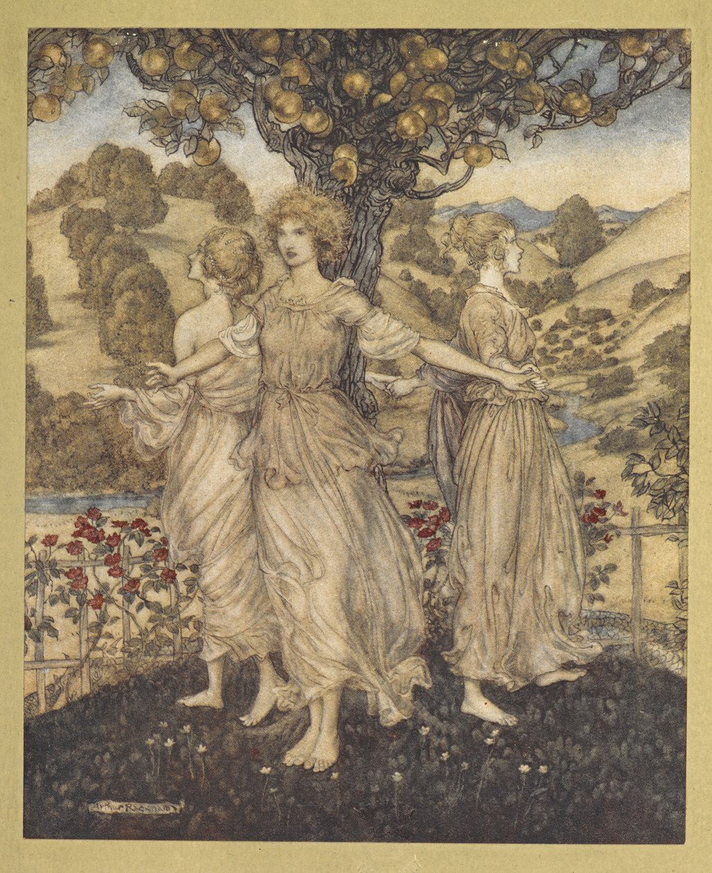 Všichni uprostřed zahradního jarmarku Hespera a jeho tří dcer, které zpívají o zlatém stromě. od Arthur Rackham