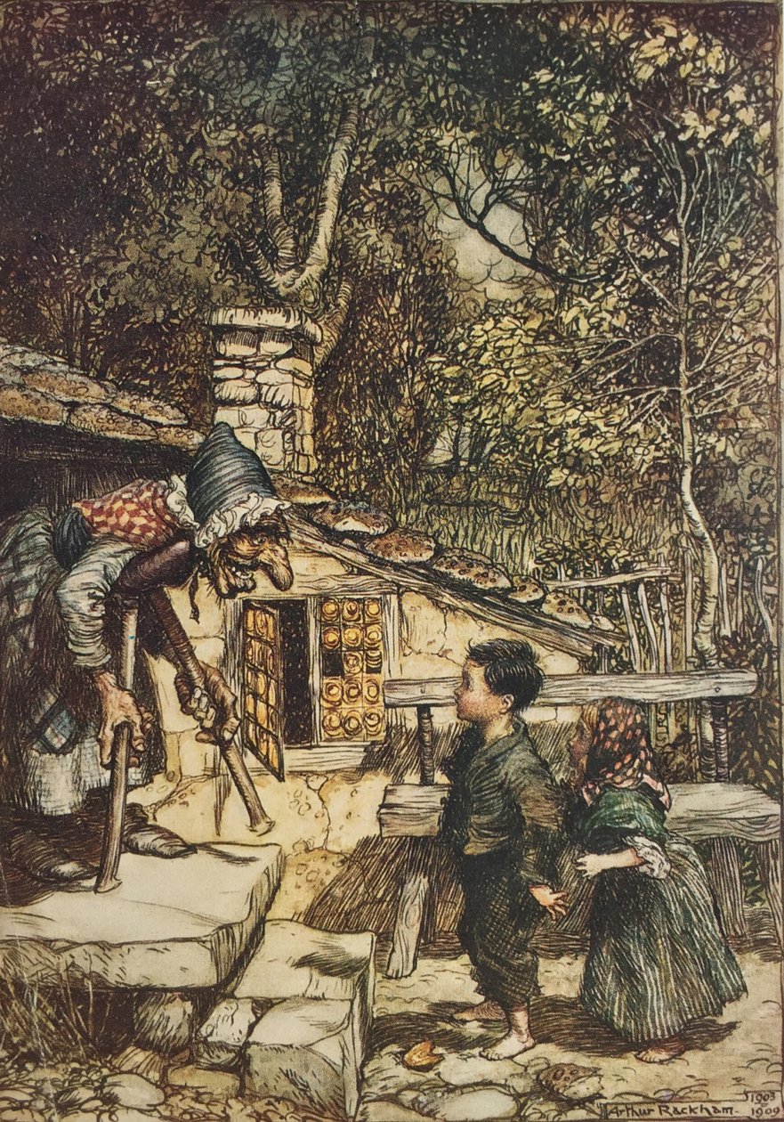 „Najednou se otevřely dveře a vylezla stará, stará žena, podpírající se o berli“, ilustrace z „Jíšek a Mařenka“ od Arthur Rackham