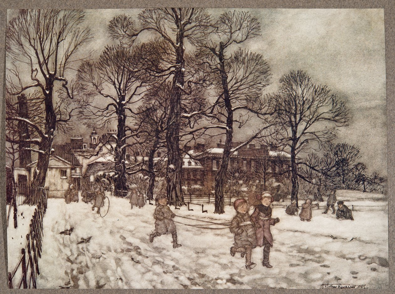 Odpoledne, kdy byly zahrady bílé od sněhu, od Petera Pana v Kensington Gardens od J M Barrieho (1860 - 1937), hospoda. 1906 od Arthur Rackham