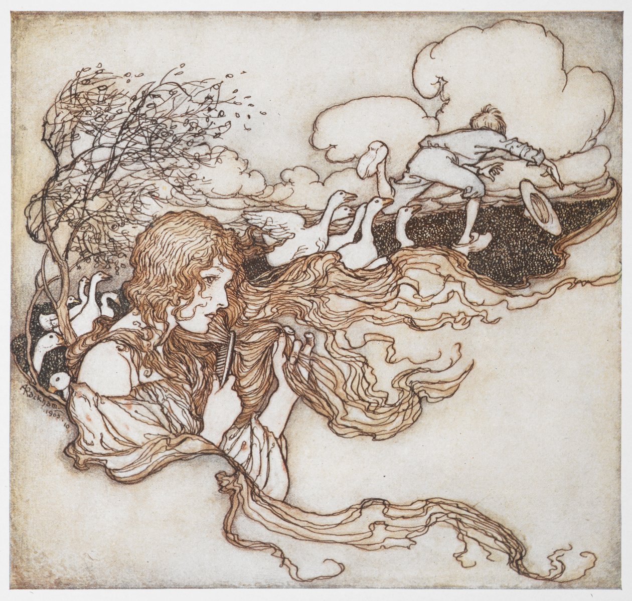Ilustrace dívky, která si kartáčuje vlasy s husami a chlapcem v pozadí, z The Goosegirl. od Arthur Rackham