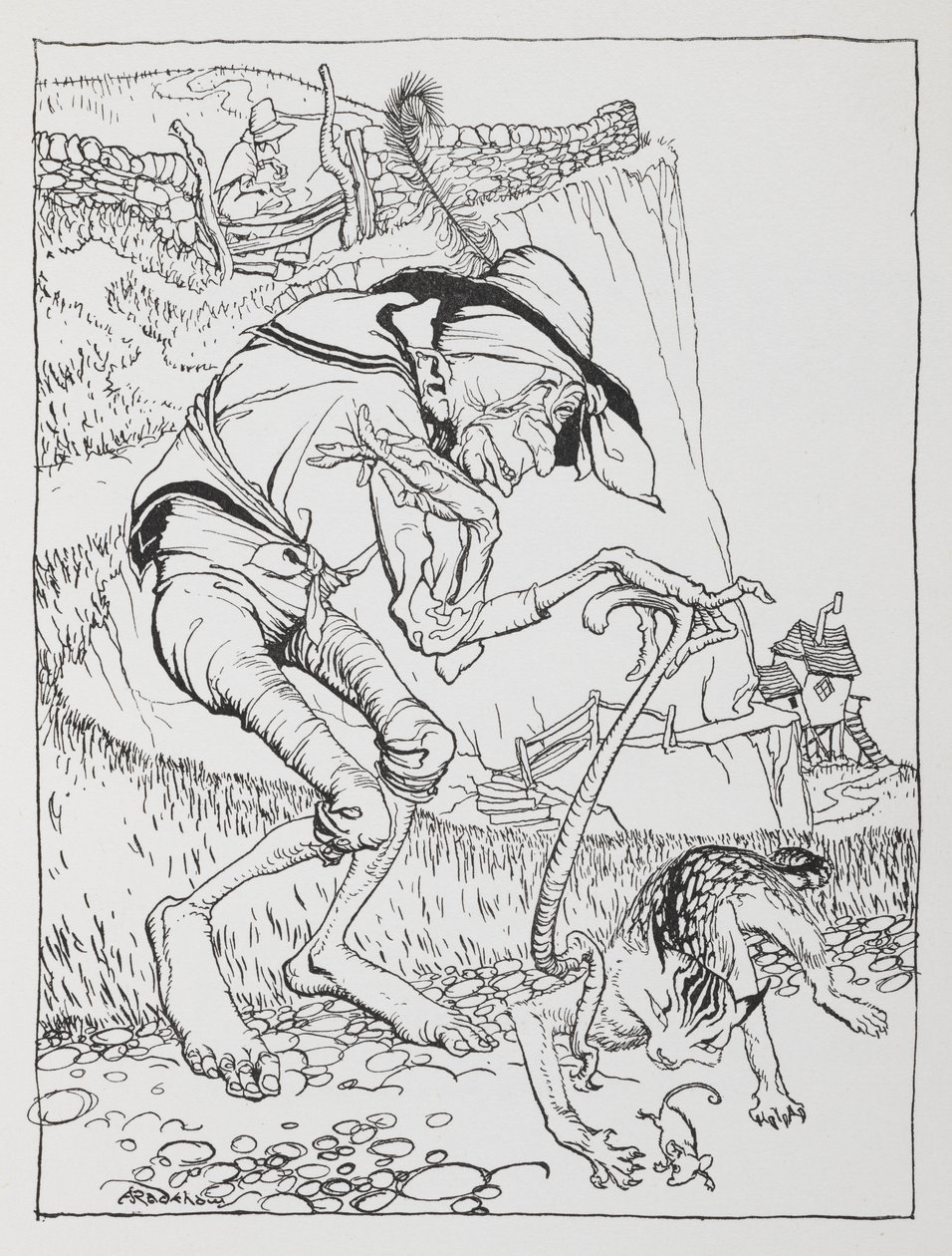 Starý křivý muž se svou křivou kočkou a křivým domem. od Arthur Rackham