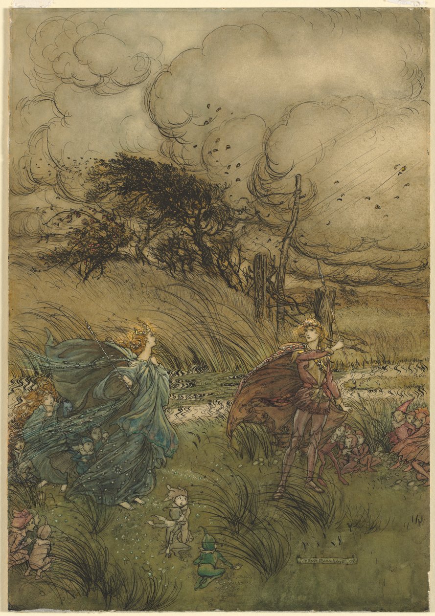"A teď se nikdy nepotkají v háji nebo v zeleni," z 2. dějství, scéna 1 ze Snu noci svatojánské od Williama Shakespeara od Arthur Rackham