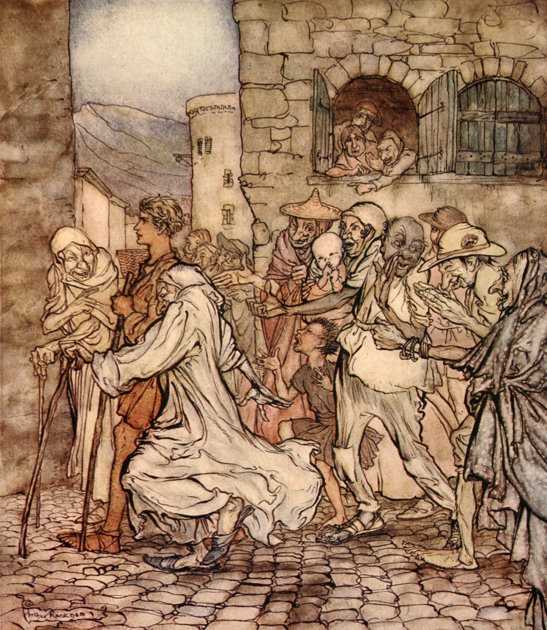 Jak Perseus kráčel, lidé za ním ukazovali, ilustrace z knihy "A Wonder Book for Girls and Boys" od Nathaniela Hawthorna, 1928. od Arthur Rackham