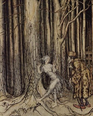 Konečně potkala ženicha, který se pomalu vracel, ilustrace k Fitchers Birdovi z Bratříčka, sestřičky od bratří Grimmů, 1917 (wc, pero a inkoust) od Arthur Rackham