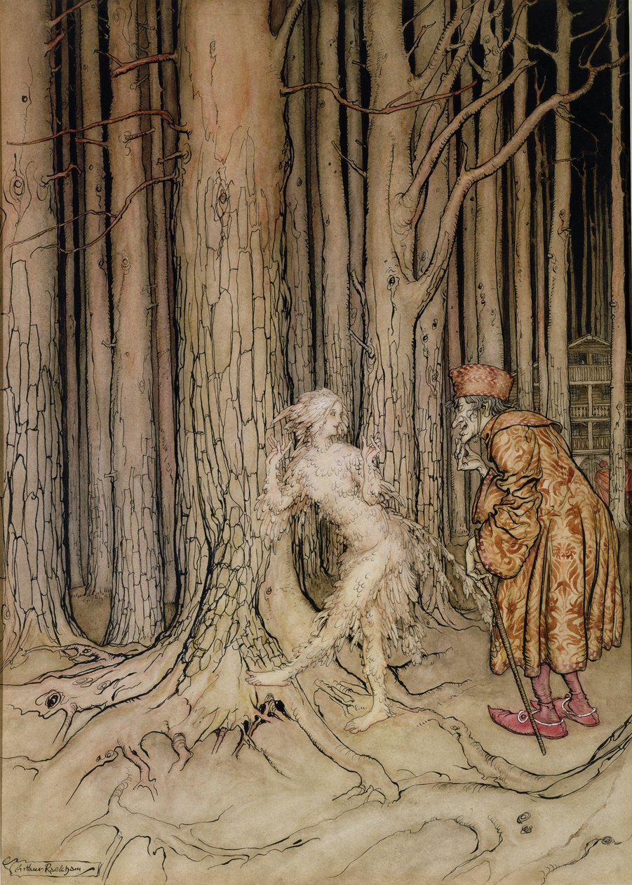 Konečně potkala ženicha, který se pomalu vracel, ilustrace pro Fitchers Bird, od Bratříčka, sestřička, od bratří Grimmů, 1917 (wc a pero a inkoust na papíře) (viz také 28797) od Arthur Rackham