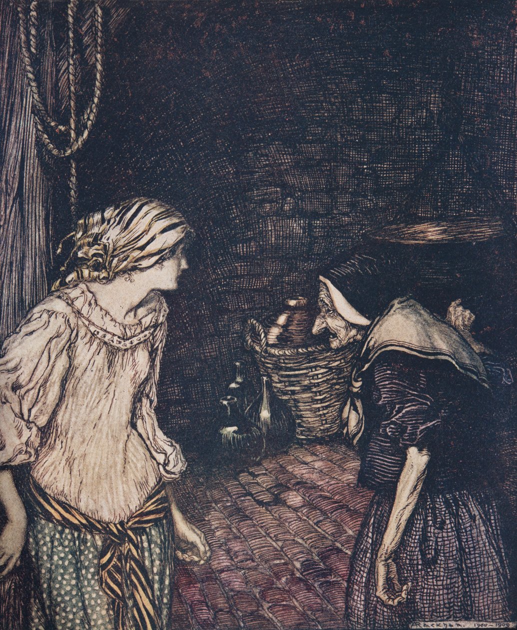 Konečně došla do sklepa a tam našla starou, starou ženu s třesoucí se hlavou..., z hospody Pohádky bratří Grimmů. 1909 od Arthur Rackham