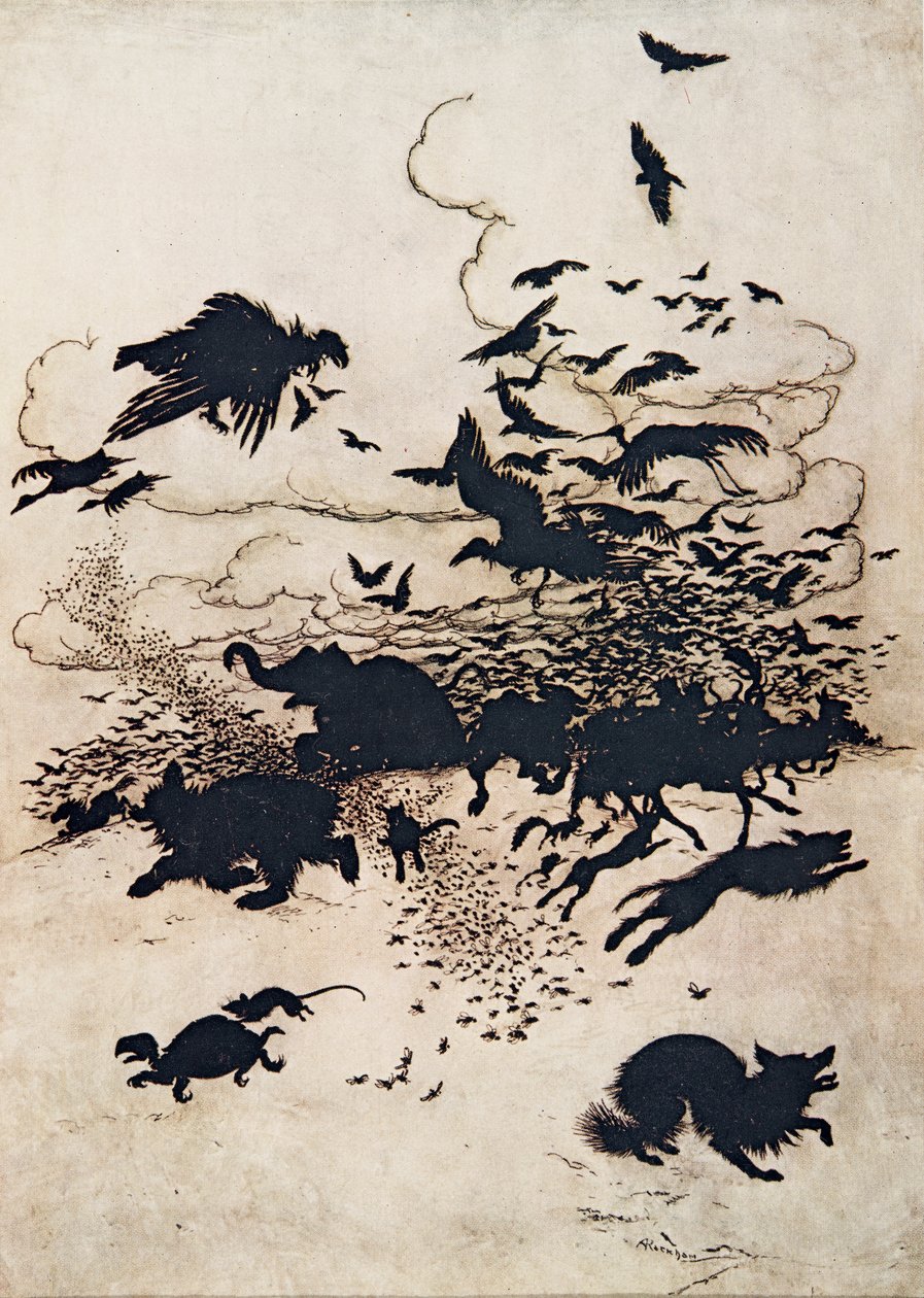 Při třetím bodnutí Liška zaječela a sjela mu ocasem mezi nohy..., z hospody Pohádky bratří Grimmů. 1909 od Arthur Rackham