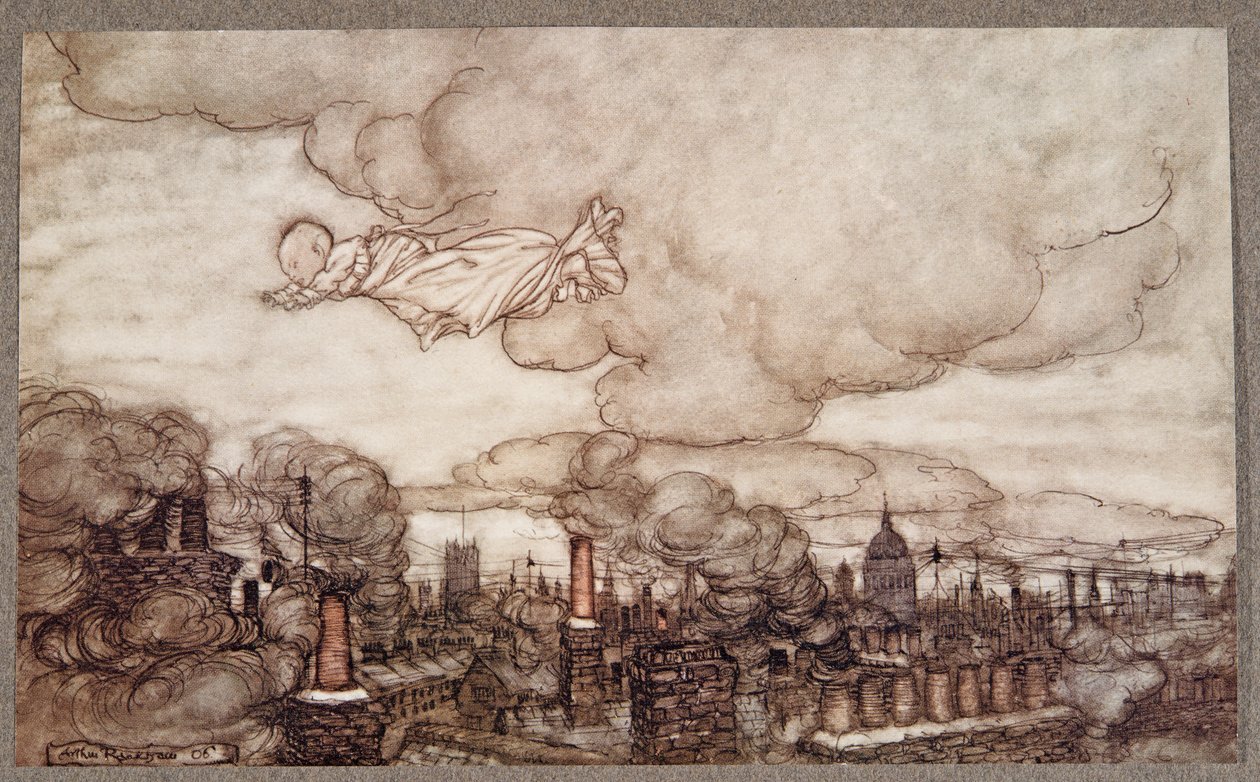 Pryč letěl přímo nad domy do Gardens, od Petera Pana v Kensington Gardens od J. M. Barrieho (1860 - 1937), hospoda. 1906 od Arthur Rackham