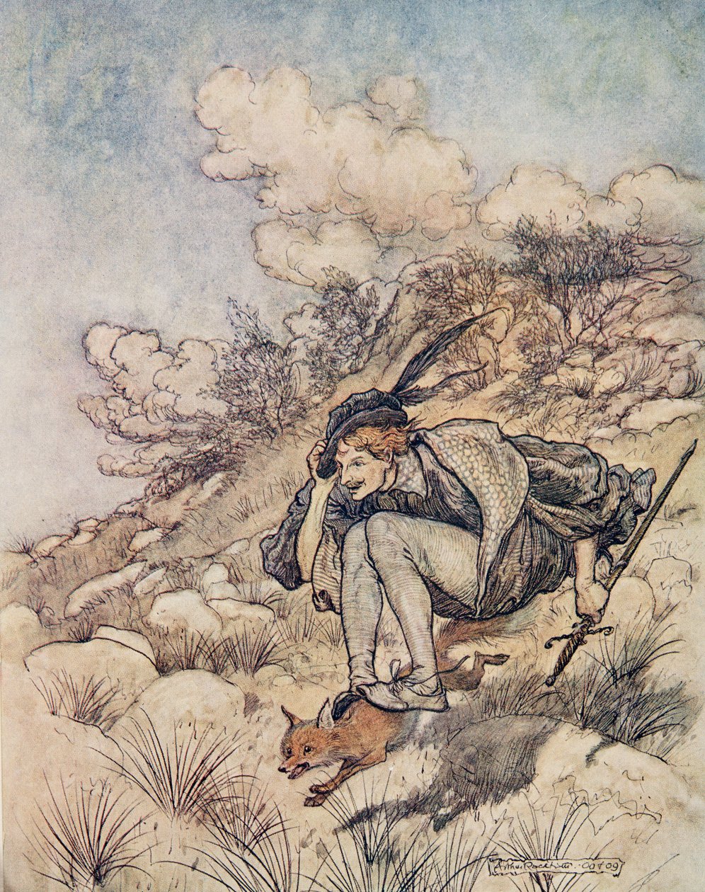 Letěli přes pažbu a kámen takovým tempem, že mu vlasy svištěly ve větru, z hospody Pohádky bratří Grimmů. 1909 od Arthur Rackham