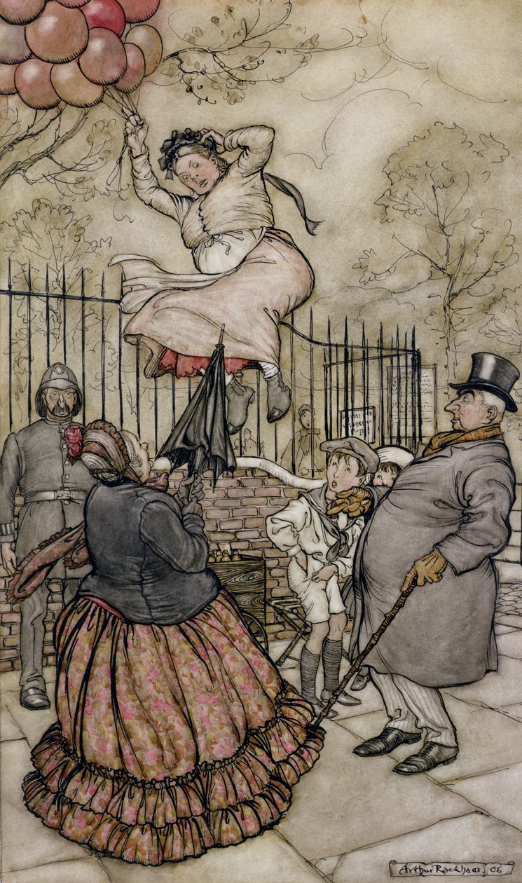 Balónky, ilustrace od Petera Pana v Kensington Gardens, od J.M Barrieho, vydáno 1906 (pero a inkoust a wc na papíře) od Arthur Rackham