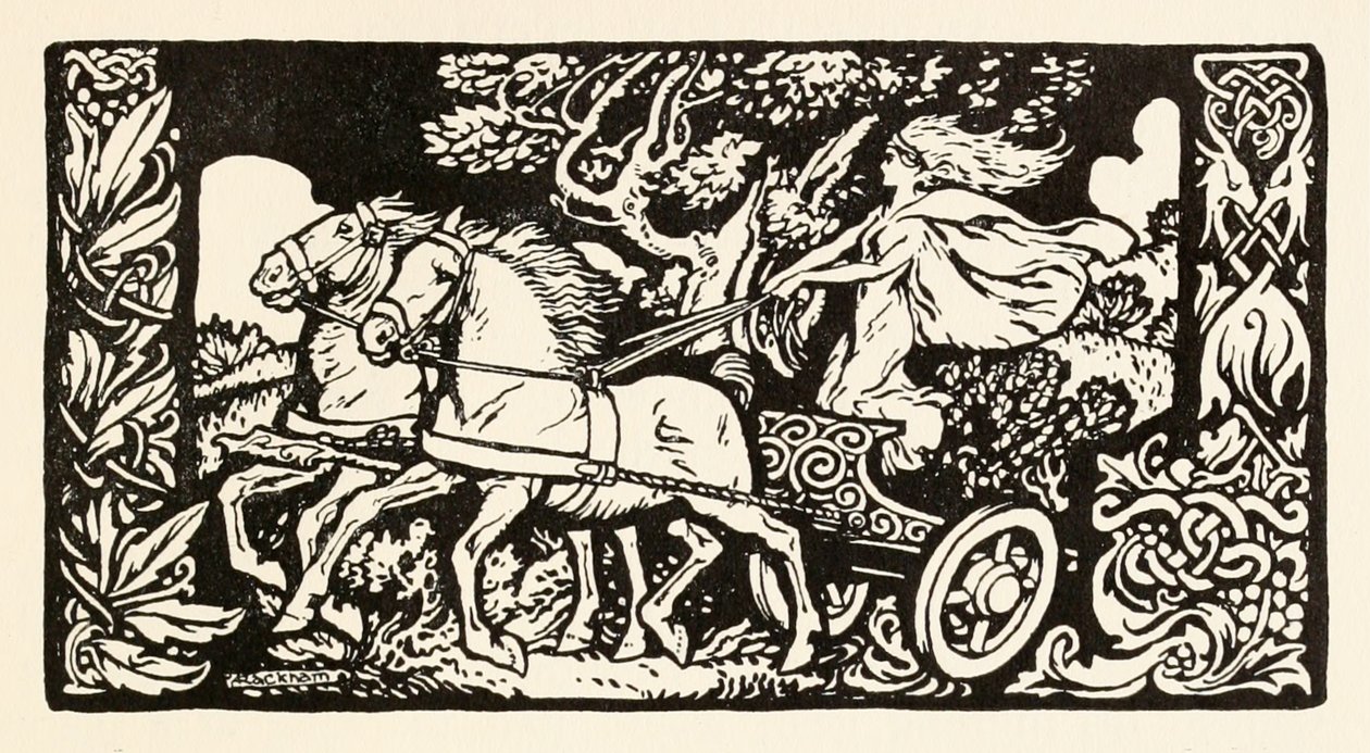 Becfola ve svém voze z The Wooing of Becfola v Irish Fairy Tales od Arthur Rackham